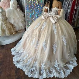 Princess Champagne 15 Quinceanera Dresses With White Lace Ball Gown Sweetheart Vestidos De 15 Xv Anos Corset Birthday Prom Dress Bow Para 2024 Sixteen Party Dress