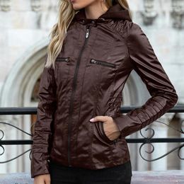 Women's Leather Jacket European And American Detachable Hood Zipper Long Sleeve Solid Colour