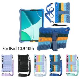 Soft Silicone Stand Cover Case For iPad 10th 10.9 inch Generation Kids Shockproof Tablet Cases Push Bubble Fidget Toy Protective Shell with Stylus Pen + Shoulder Strap