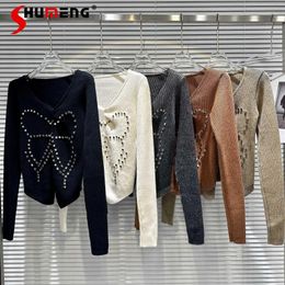 Women's Knits Fashion 2023 Autumn Knitwear Sexy Rivets Butterfly Slim Fit Long Sleeves Cardigan V-neck Solid Color Tops Sweater