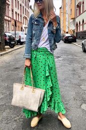 Skirts 2023 Ruffled Long Skirt For Women Fashion Polka Dot Print Summer Eleagnt High Waist Basic Casual Midi Vacation