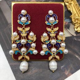 Stud Earrings Fashion Medieval Gold-plated Colored Enamel Silver Needle Pearl Women's Jewelry