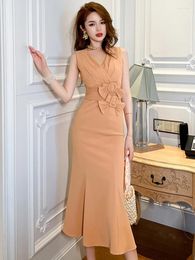 Casual Dresses Summer Elegant Women Evening Dress Formal Chic Bow Sleeveless Slim Midi Party Birthday Prom Mujer Robe Femme Vestidos Fiesta