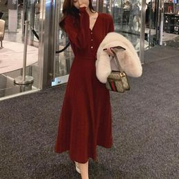 Casual Dresses Midi Sweater Dress Women Long Sleeve V-neck Elegant Office Knitted Female One-piece Korean 2021 Autumn Winter356C