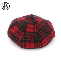 Berets FS Vintage Winter Plaid Beret Hats for Women Wool Blend Octagonal Caps Autumn Fashion Casual Artist Cap Black Gray Red Khaki 231027