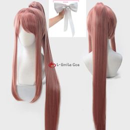 Catsuit Costumes Monika DDLC Wig with 100cm Long Ponytail Bownot Hairpin Anime Cosplay Heat Resistant Hair Wigs