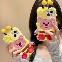 Cell Phone Cases Cute Bee Beaverlet Fluffy Plush Phone Case for iPhone 14 12 13 Pro Max 15 Pro Max 11 Kawaii Winter Warm Fur Cover Soft Phone Case 231026