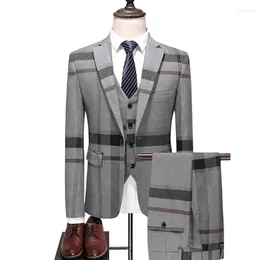 Men's Suits Wedding Plaid Blue Grey Blazers Jacket Pants Vest 3 Pcs Set 202 Slim Fit Business Tuxedo Dress Classic Formal Coat
