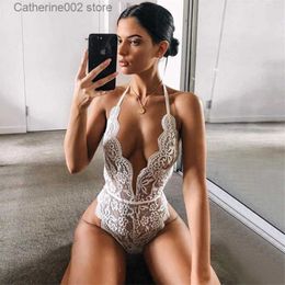 Sexy Set Women's Transparent Bodysuit Sexy Teddy Underwear Erotic Bodysuit Lace See-through Underwear Halter Hollow Sexy Lingerie Pajamas T231027