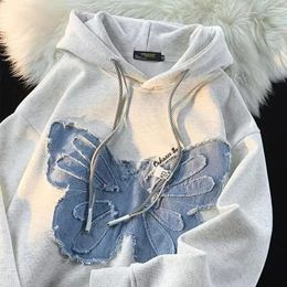 Men's Hoodies Hong Kong Style Casual Hooded Sweatshirt Design Niche Denim Patch Butterfly Stitching Lazy Autumn And Winter Jacket