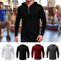 Gym Clothing Hooded Shirt Solid Long Sleeve Top Button Placing Active Casual Drawstring Hoodie With Front Placket For