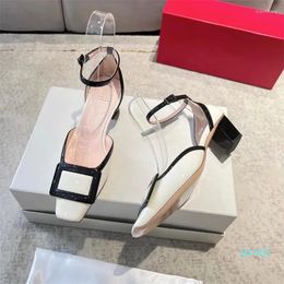 Dress Shoes Summer Mary Janes Women's Square Buckle Patent Leather Single-layer Thick Heel French Sandals Women