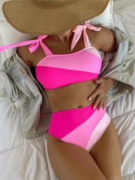 Women's Swimwear Sexy Pink Patchwork Bikini Set Women 2023 Tie Up Strap Push Female Beach Bathing Suit High Waist Swimsuit Biquini