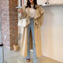 Women's Trench Coats Clothland Women Elegant Long Coat Ruffles Belt Sleeve Sashes Double Breasted Cute Sweet Jacket Mujer CA838