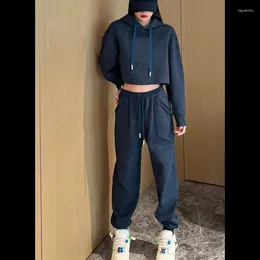 Women's Two Piece Pants Women Hooded Sweatshirts Set Autumn Sportpants Casual Fashion Suit Tops Drawstring Pullover Navy Blue Clothing