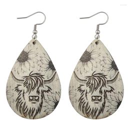 Dangle Earrings Western Sunflower Cow Cattle For Women Fashion Cowgirl Wood Teardrop Jewellery Wholesale