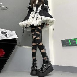 Women Socks Gothic Lolita Bandage Stockings Anti-Snagging Club Party Net Sexy Cross Strap Long Cosplay Tights