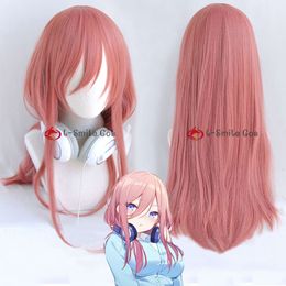 Catsuit kostümleri yeni çizgi film mükemmel quintupletler nakano miku 60cm uzunluğunda cosplay pembe ısıya dayanıklı saç perukları + peruk kapağı