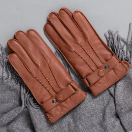 Children's Finger Gloves Fashion Mens Leather Gloves Button Wrist Solid Genuine Leather Male Driving Gloves Winter Warm Gloves Man Mittens 231026