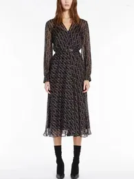 Casual Dresses 2023 Women's Chain Printed V-Neck Silk Dress Long Sleeve Autumn Vintage Female Temperament High Waist Slim Midi Robe