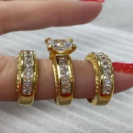 Fashion Jewelry Princess cut 20ct 5A zircon cz wedding band ring Set for women Yellow Gold Filled Engagement Ring288y