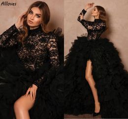 Gothic Black Lace Ball Gown Red Gala Prom Dresses High Neck Long Sleeved Sequins Evening Party Gowns Dubai Arabic High Slit Ruffles Sexy Formal Occasion Wear CL2835