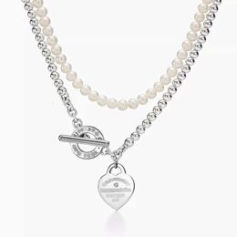 Tiffaniness Classic Temperament Sterling Sier Ot Buckle Layer Pearl Heart Shaped Pendant with Diamond Necklace for Women D60e