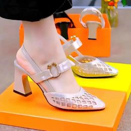 Sandals One-line Buckle Women's High Heels Mesh Rhinestones Hollow-cut Single Shoes Women Bao Head After Empty Leather