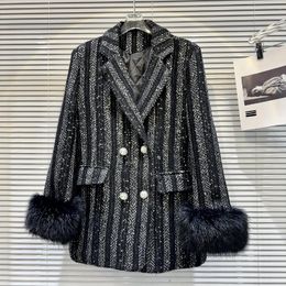 Women's Suits 2023 Autumn Winter Drilling Sequins Thicken Quilted Blazers Coat Faux Fur Sleeve Mid-long Stripes Casual Suit Jackets