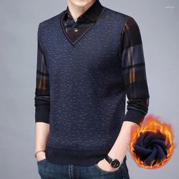 Men's Sweaters #4238 False Two Piece Sweater Men Thick Fleece Pullover Polo Neck Plaid Long Sleeve Warm Autumn Winter