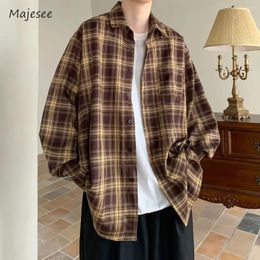 Men's Casual Shirts Mens Loose Trendy Preppy Teenagers Korean Style Plaid Patch Pocket Youthful Daily Spring Autumn High Street Soft