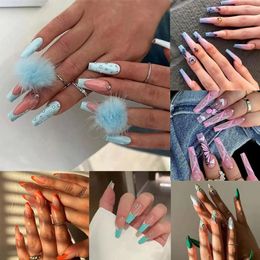 False Nails 24pcs Press On Art Butterfly Bear French Nail Full Cover Fake Blue Waves