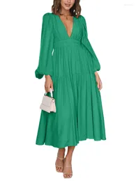 Casual Dresses Spring Fall Women Fashion Loose Holiday Long Dress Sexy Solid Colour V-Neck Sleeve Big Swing Boho Maxi S-XL