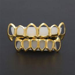 New Hip Hop Custom Fit Grill Six Hollow Open Face Gold Mouth Grillz Caps Top & Bottom With Silicone Vampire teeth Set292A