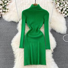 Casual Dresses Autumn Winter High-collar Sweater Thickened Slim Medium Turtleneck Knitting Dress Womens White Bottoming 13 Colors