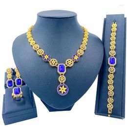 Necklace Earrings Set Nigerian Jewelry For Women Round Pendant Charm Bridal Blue Crystal Bracelet Ring Wedding Gift