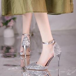 Sandals 2023 Sexy Women Low 7cm 9cm High Heels Wedding Metal Strap Stiletto Bridal Glitter Gold Pumps