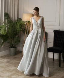 Classy Long Evening Dresses V Neck Beaded Glitter Satin Sleeveless Open Back A Line Floor Length Party Gowns for Women