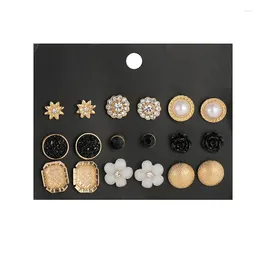 Stud Earrings 9 Pairs Mix Black Round For Women Flower Shape Fine Jewellery Wedding Engagement Earring Set