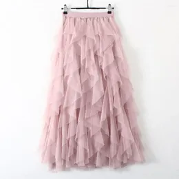 Skirts High Waist Elastic Mesh Ruffled Women Tulle Skirt Long Maxi 2023 Korean Cute Pink A-line Pleated