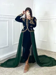 Party Dresses Karakou Morrocan Kaftan Evening With Long Train Vintage Velvet Dark Green Arabic Prom Dress 2023 Vestidos De Novia