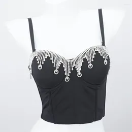 Women's Tanks Women Summer Sexy V-Neck Backless Nail Bead Tassel Dancer Performance Party Nightclub Evening Camis Vest White Black Champagne