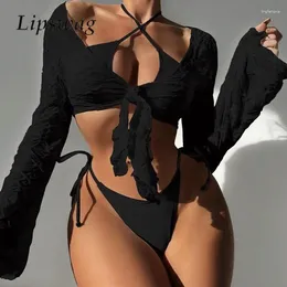 Women's Swimwear Sexy Women Three Piece Swimsuit Fashion Solid Color Lace-up Bikini Set Long Sleeve Cover Up Top Beach Suit Summer Bathing