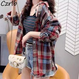 Women's Blouses Long Sleeve Shirts Women Korean Style Vintage Turn-down Collar Plaid Contrast Colour Loose All-match Spring Summer Button-up