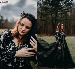 Punk WomenGothic Black A Line Wedding Dresses With Long Sleeves Lace Appliqued V Neck Plus Size Bridal Gowns Western Country Bohemian Long Vestidos De Novia CL2832