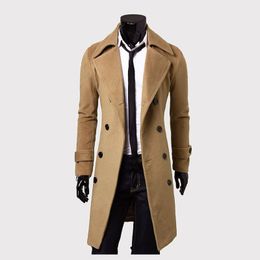 Men Blends Coat Slim Stylish Trench Turndown Collar Double Breasted Soild Long Jacket Autumn Winter Mens Overcoat 231026