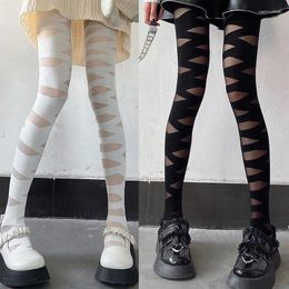 Women Socks JK Sexy Black/White Cross Strap Pantyhose Japanese Style Ultra Thin Silk Tights Anime Cosplay Bandage Long Stockings Lolita Sock