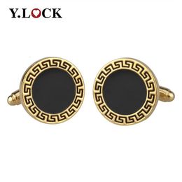 Cuff Links Vintage Decorative Pattern Cufflinks Black Enamel Epoxy Round Plated Golden Men Cufflinks Festival Gift Whole Custo240k