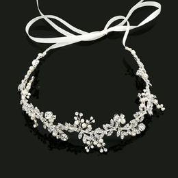 SLBRIDAL Handmade Ribbon Alloy Wired Rhinestones Crystals Pearls Flower Leaf Wedding Headband Bridal Hair Vine Hair Accessories W0258Y