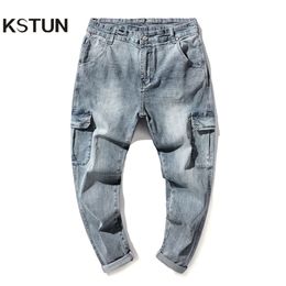 Hip Hop Jeans Men Harem Light Blue Stretch Loose Fit Spring and Summer Multi Pockets Designer Oversized Man Pants Trousers